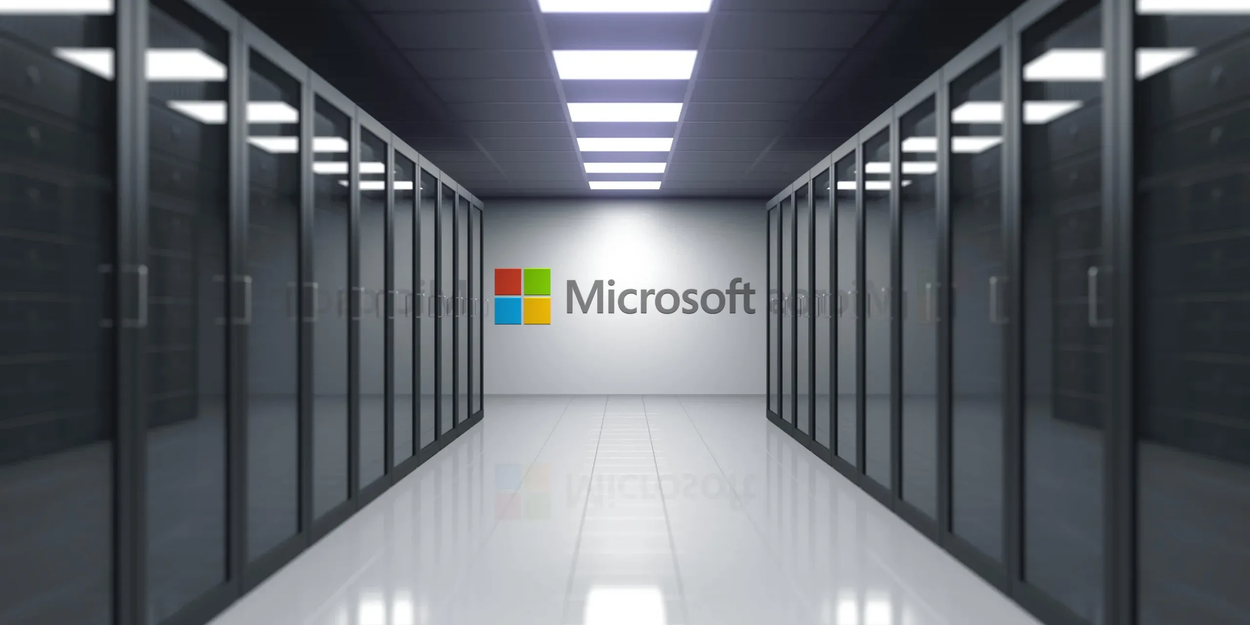 Microsoft logo on the wall of the server room. Editorial 3D rendering