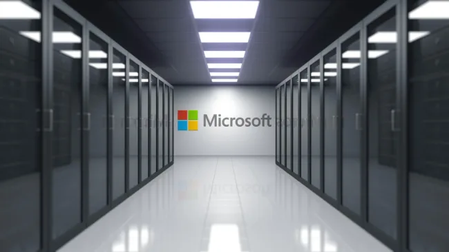 Microsoft logo on the wall of the server room. Editorial 3D rendering